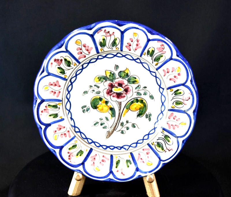 Vintage Talavera Pottery Plate Dish Spain Scallop Edge Flowers Blue Yellow Pink