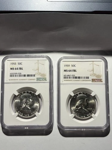 1955 & 1957 Franklin Half Dollars NGC MS64 FBL
