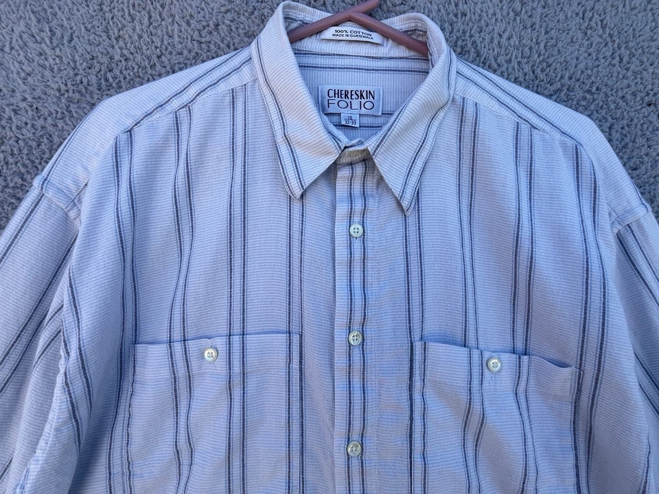 Camisa listrada de algodão branca manga longa Chereskin FOLIO tamanho 16-32/33 com botões - Imagem 2 de 4