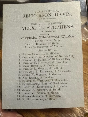 Rare Civil War Confederate 1861 Election Ticket Signed Virginia Document