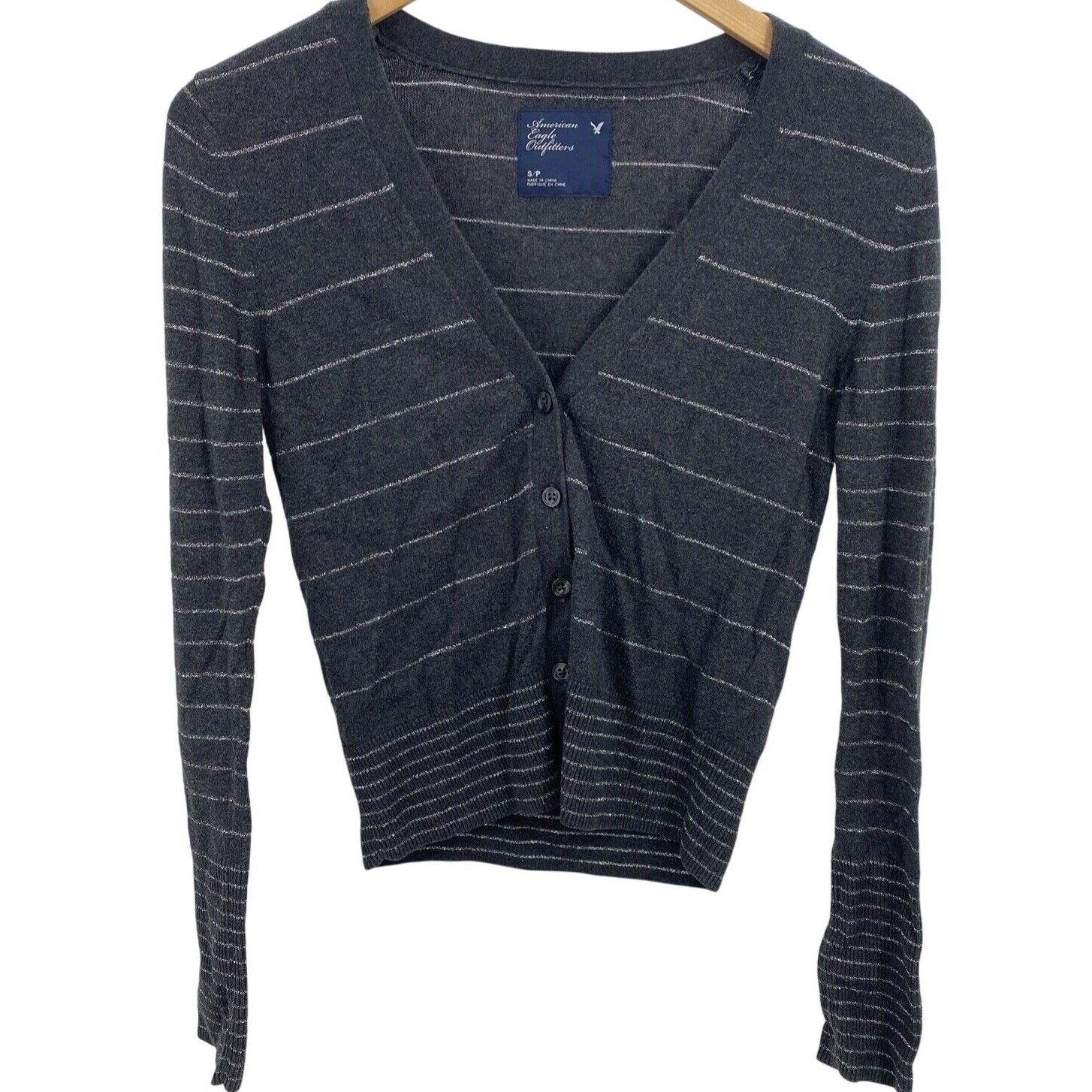 American Eagle Sweater Womens Small Cropped Y2K Style Bellacore Gray Stripe