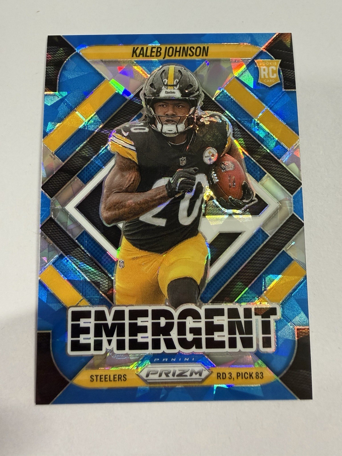 2025 Prizm Kaleb Johnson Emergent Blue Cracked Ice /99 Steelers #5