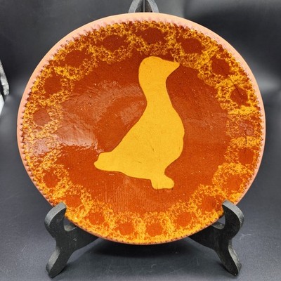 1985 Foltz Pottery Redware Slab Plate Sponged Edge Duck Stencil Design FOLK ART