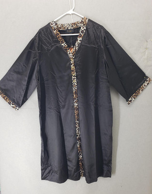 Iman Dress Women 1X Black Satin Leopard Trim Kimono Caftan Maxi Chic Relaxed Fit