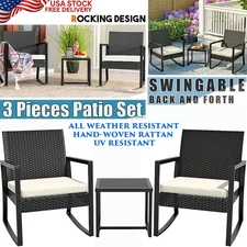 3 PCS WICKER RATTAN BISTRO PATIO SET 2 ROCKING CHAIRS WITH CUSHIONS + TABLE NEW