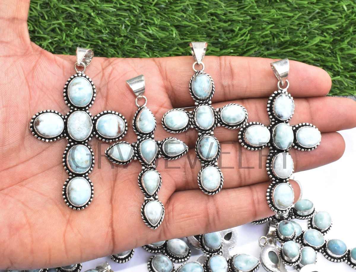 5pcs Larimar Gemstone Cross Pendants Lot 925 Sterling Silver