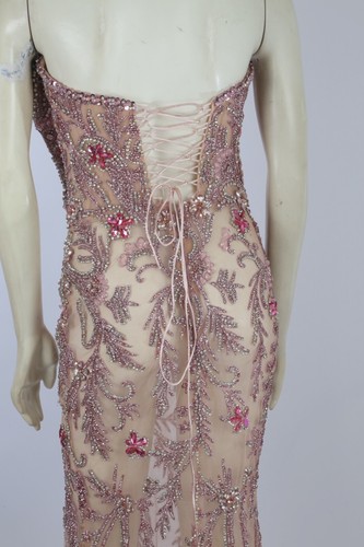 Selten Pailletten Perlen lang rosa nude transparent trägerlos Korsett langes Kleid Dress Gr. 4 - Bild 16 von 24