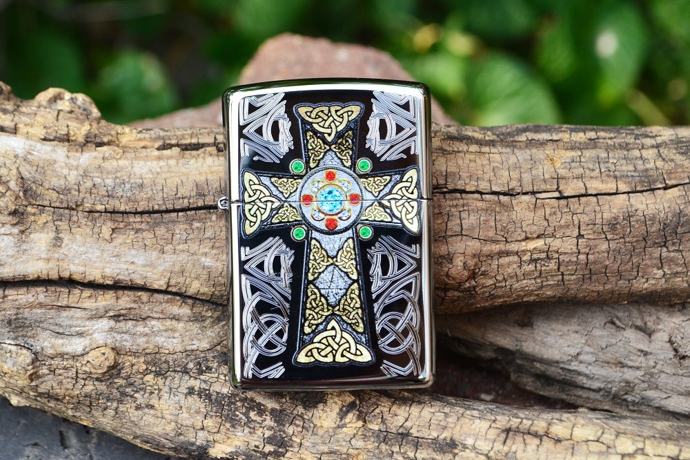 Zippo Lighter - Celtic Cross with Stone - Engraved - Gaelic