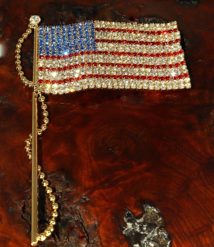 American Flag Huge 6” Crystal Rhinestones Goldtone Brooch Pin USA 6