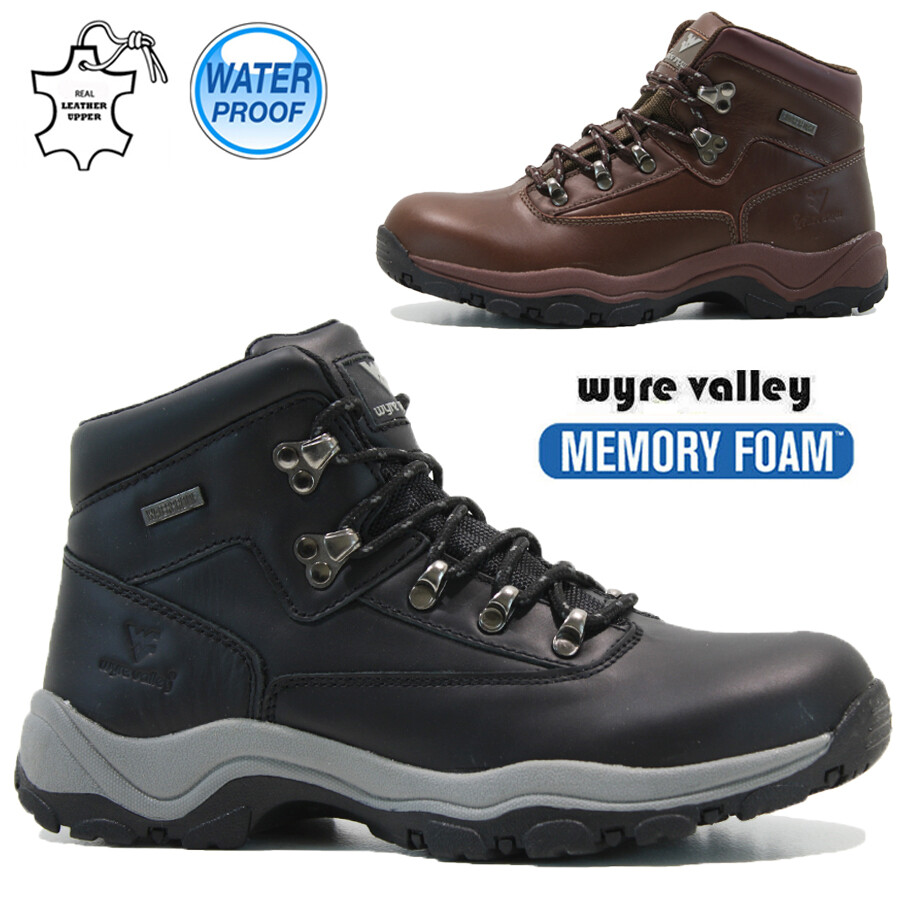 MENS WATERPROOF BOOTS LEATHER MEMORY FOAM WALKING HIKING ANKLE TRAINERS SHOES