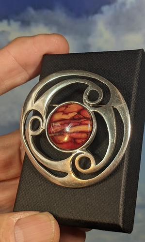 Vintage Celtic Pewter Glass Agate Brooch, in Gift Box. 52mm - Picture 9 of 10