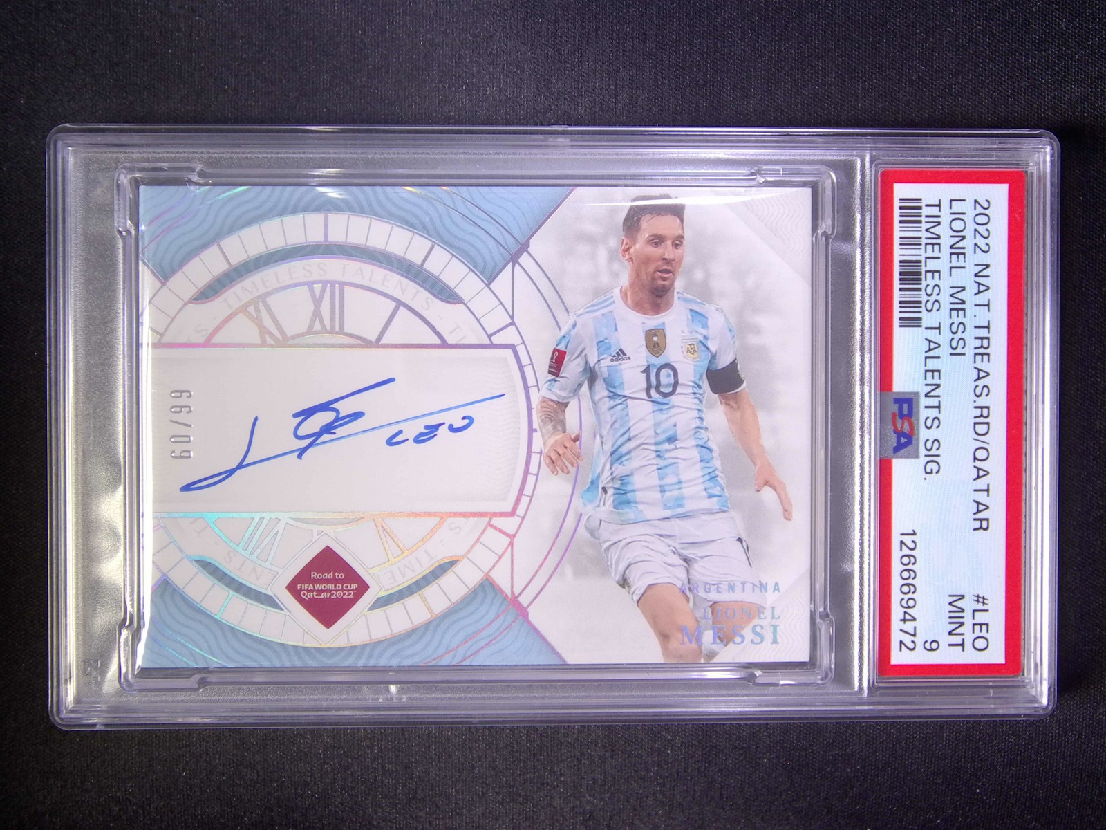 2022 National Treasures World Cup Lionel Messi Timeless Talents Auto /99 PSA 9