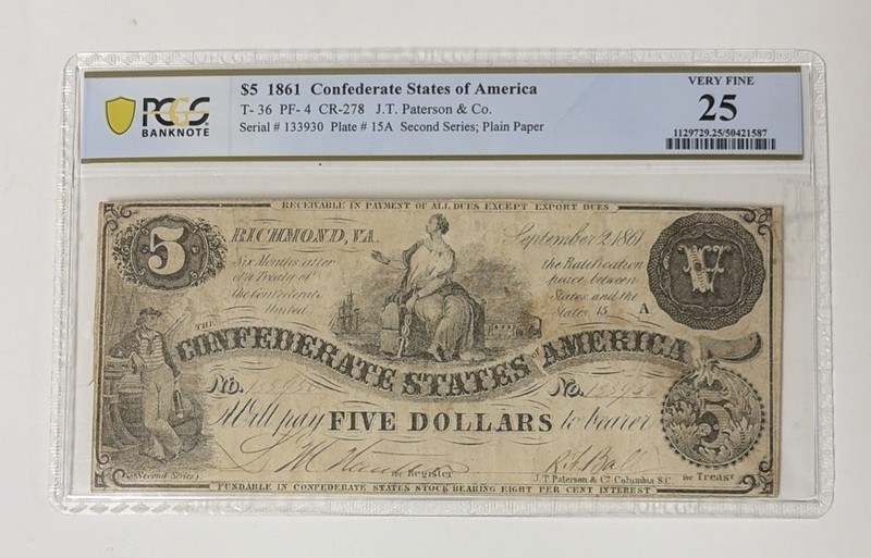 1861 $5 Confederate States of America PCGS VF25 - FRD