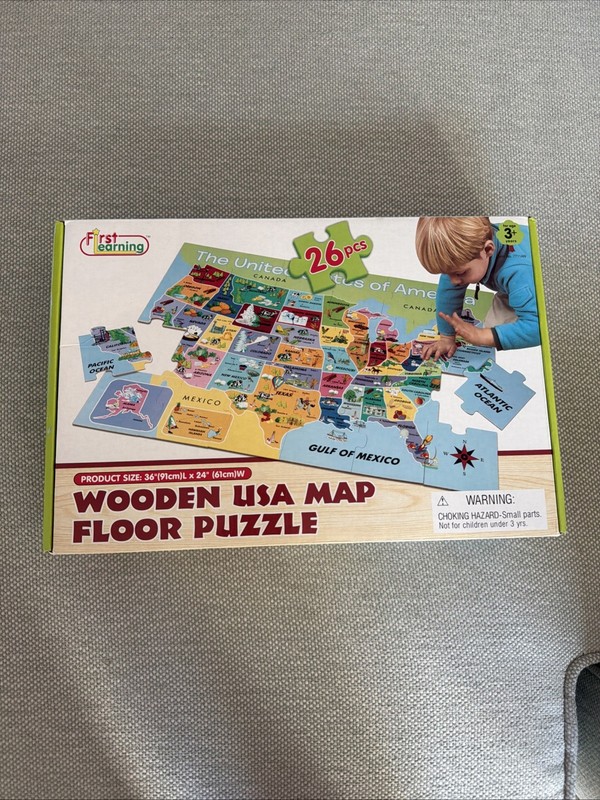 New In  First Learning Wooden USA Map Floor Puzzle 26 Pcs 36x24 Complete OpenBox
