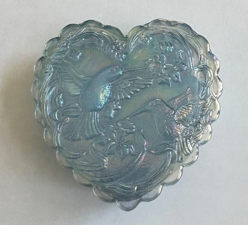 Fenton Glass Blue Hummingbird Heart Trinket Box with Lid Iridescent Vintage