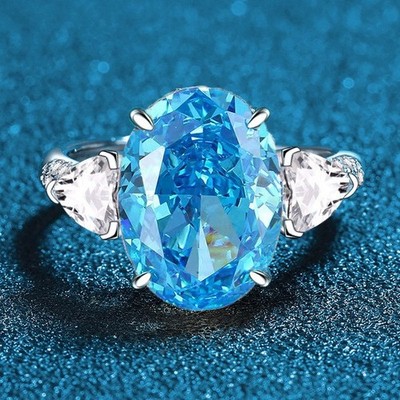 Certified 6ct Oval Lab Grown Blue Diamond Open Ring, 18K Gold Vermeil Elegant