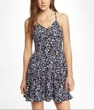 Vintage Y2K Express Fit & Flare Black and Purple Floral Mini Dress Skater