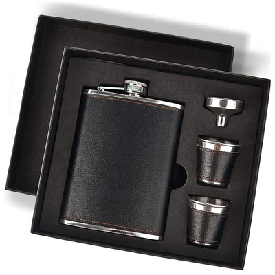 Leather Covered Stainless Steel Flask Gift Set: 8 Oz Set with 2 Cups & Funnel...