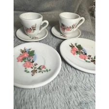 Vintage Mini Porcelain Rose Tea Cups & Saucers Set of 4 Pink Floral 2in China