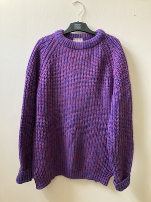 Vintage Pullover Rundhals reine Schurwolle blau & rosa Mix Gr. M