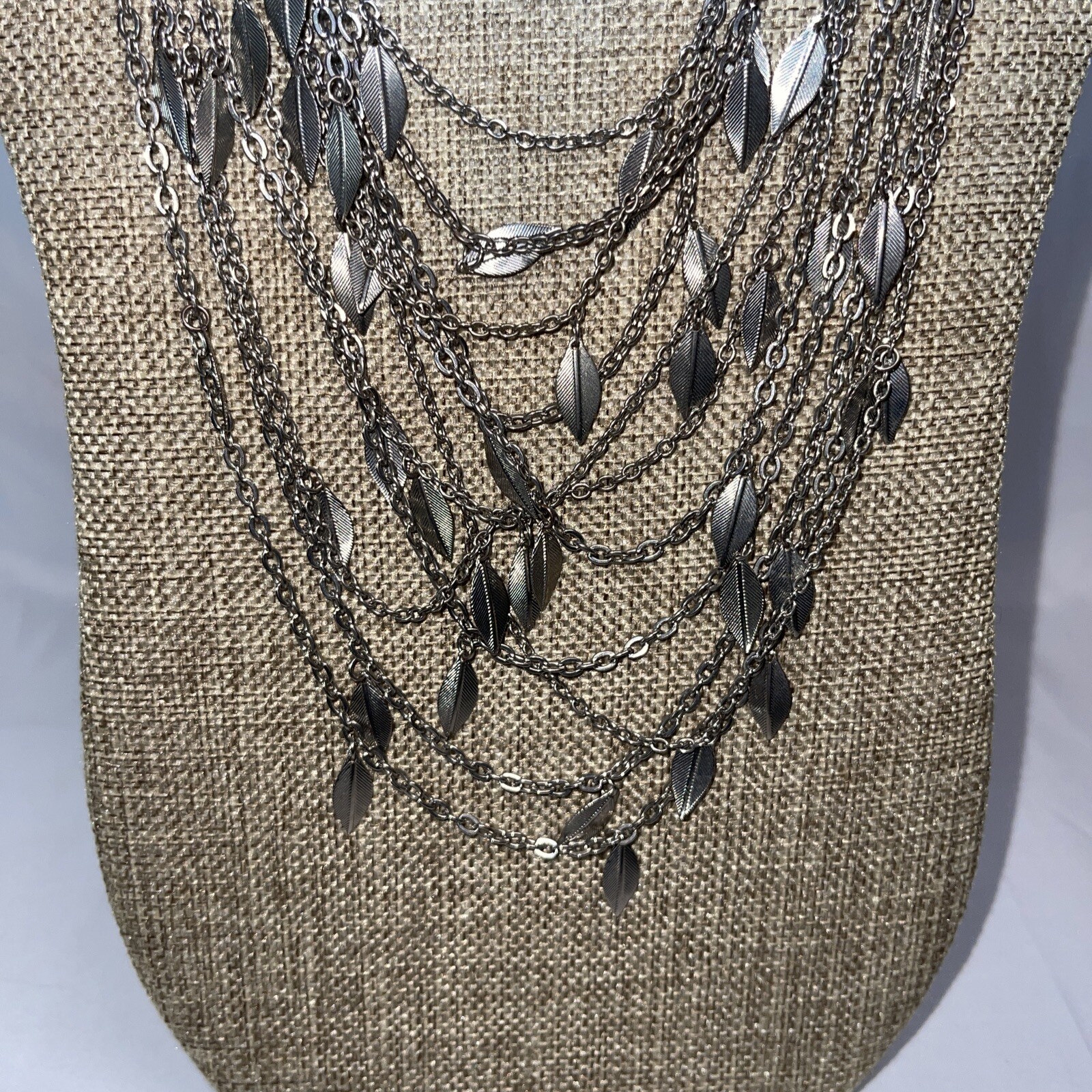 Multi Strand Stacked Silver Tone Dangle Leaf Neck… - image 2