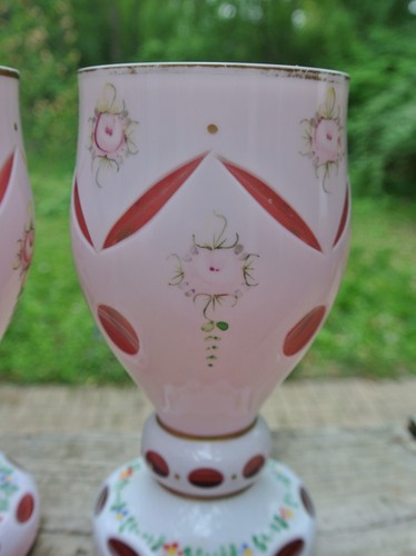 Two Vintage Bohemian Cranberry/ White Overlay Floral Glass Goblets or Vases - Picture 3 of 9