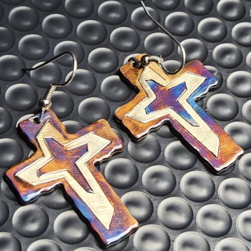 Large Signed Multi Color Dangle Enamel Metal Religious Cross Hook Earrings - Picture 1 of 5