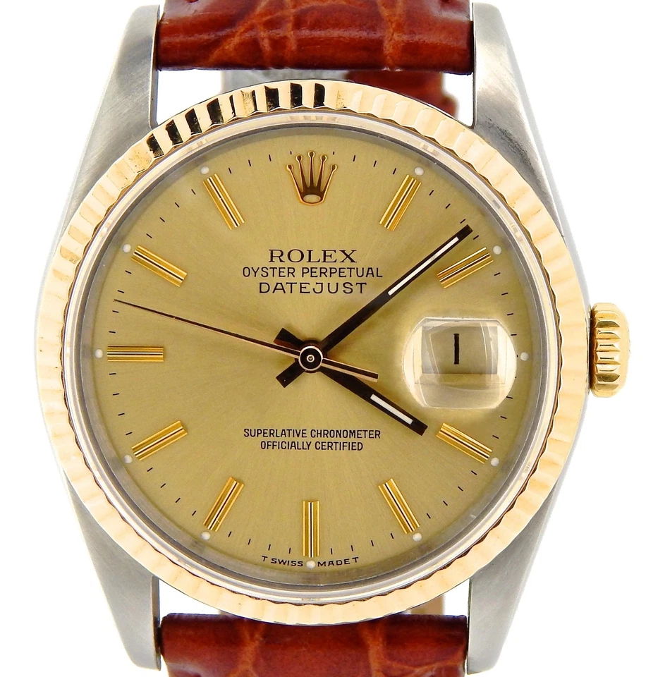 Rolex Datejust Para Hombres Oro 18K Acero Inoxidable Reloj Esfera Champagne Marrón 16233