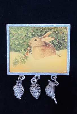 Vintage Marjolein Bastein Bunny in Snow Pewter Brooch w/ Dangle Charms Signed