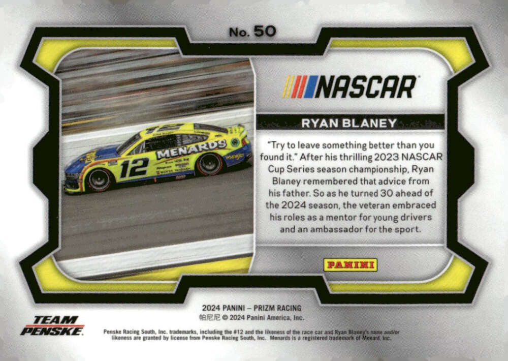 2024 Panini Prizm Rides #50 Ryan Blaney Menards/Team Penske/Ford