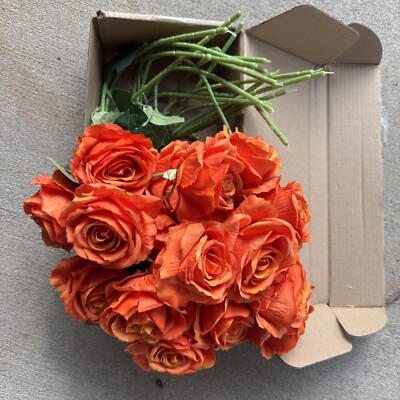 20 Long Stem Orange Artificial Silk Rose Flower Bouquet Arrangement Wedding