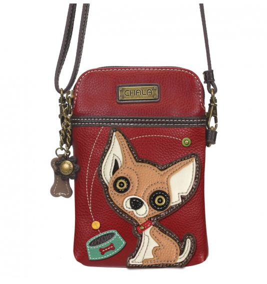 Chala Chihuahua Puppy Crossbody Phone Bag with Adjustable Burgundy Strap