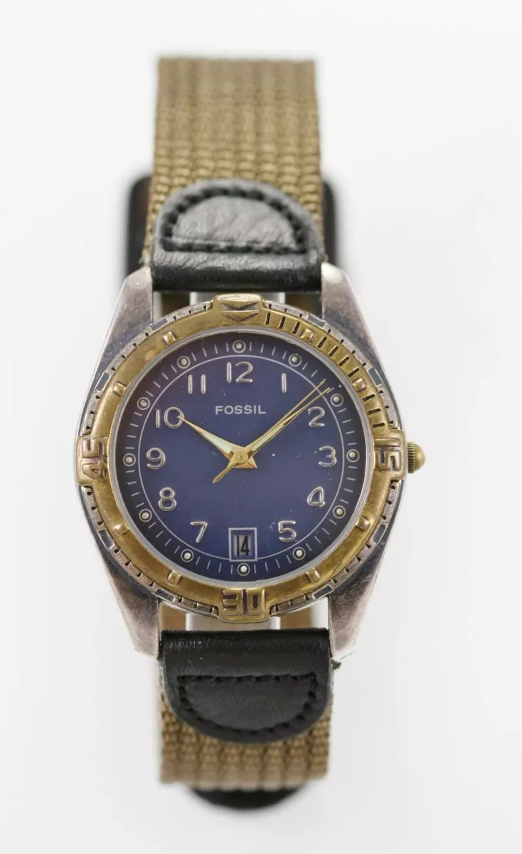 Fossil Watch Mens Date Stainless Steel Gold Silver 30m Brown Nylon Blue Quartz