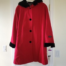 Donnybrook 12 Red Wool Coat Rabbit Trim Velvet Cuffs Pockets Hood Vintage As Is