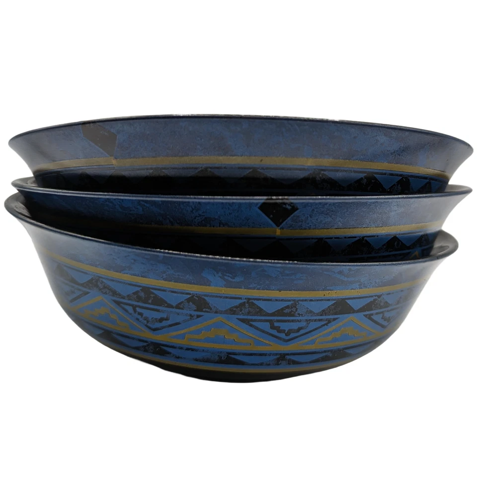 SET of 3 Yucatan Bowls Arcoroc France Black Glass with Blue & Gold  - Image 2 of 4