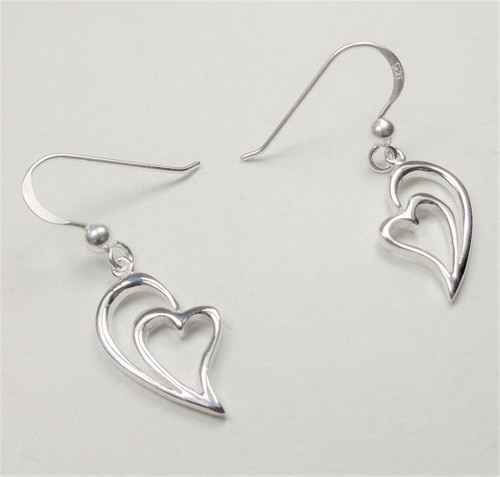 STERLING SILVER TWO HEARTS IN LOVE LOVERS HEART I LOVE YOU DANGLING EARRINGS - Picture 3 of 4