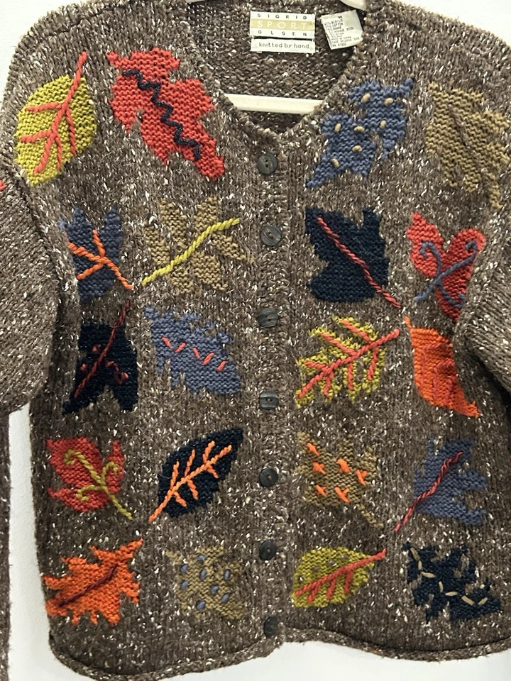 Cardigã suéter feminino vintage Sigrid Olsen tricotado à mão folhas de outono seda mohair M - Imagem 4 de 4