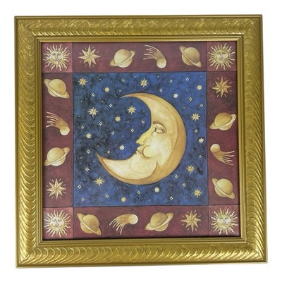 RARE Vintage Celestial Marybeth Zietz Crescent Moon Art Golden Frame 14.5  Large