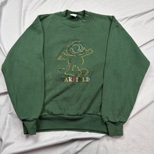 Vintage Garfield Embroidered Green Crewneck Sweatshirt Size Medium Made In USA