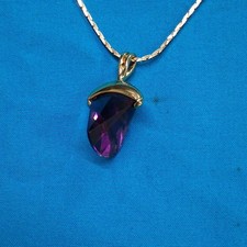 Purple Faceted Glass Triangle Pendant Gold Tone Herringbone Chain Necklace