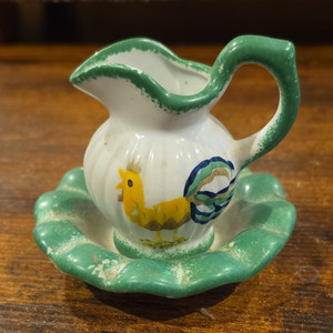 Ceramic Rooster Creamer & Matching Saucer Set, Glossy White/Green Trim