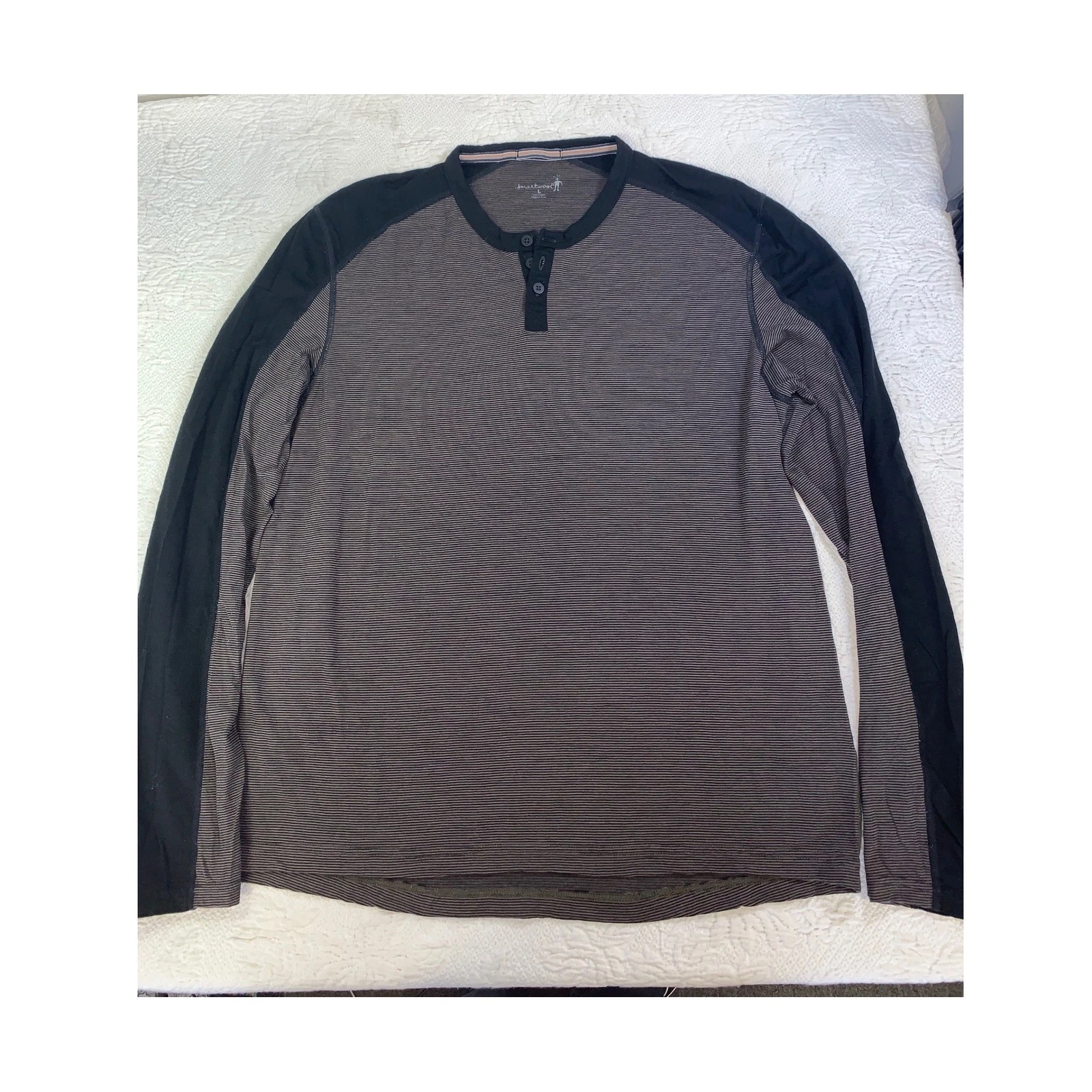 Smartwool Mens Merino Wool Base Layer Henley Stripe Long Sleeve Grey Black L L