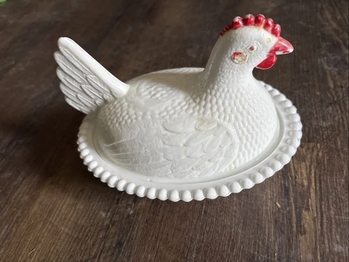 Hen on Nest Vtg Milk Glass Covered Bowl Indiana Farm Core Egg Candy Dish