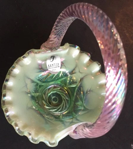 Vtg Fenton Iredescent 4" Glass Handled Miniature Basket  Milk glass -Pink-Green