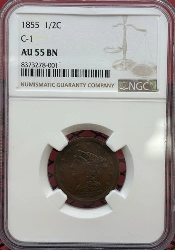 1855 1/2C Braided Hair Half Cent NGC AU55 Cohen C-1