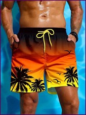 Summer Vacation Men's Palm Tree Print Drawstring Waist Board Shorts Fashion Swim