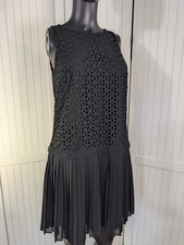 LOFT Black Eyelet Drop Waist Pleated Mini Dress Size 4 Exposed Zip Bow