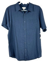 Sun  Stone Mens Large Button Down Shirt Navy Blue Short Sleeve Cotton Blend NEW