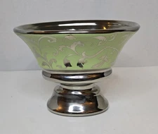 Napco Vintage Silver Metallic Leaf Light Green Footed Planter Pedestal Pot 