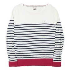 TOMMY HILFIGER Womens White  Navy Striped Plain Cotton Blend Jumper S Casual